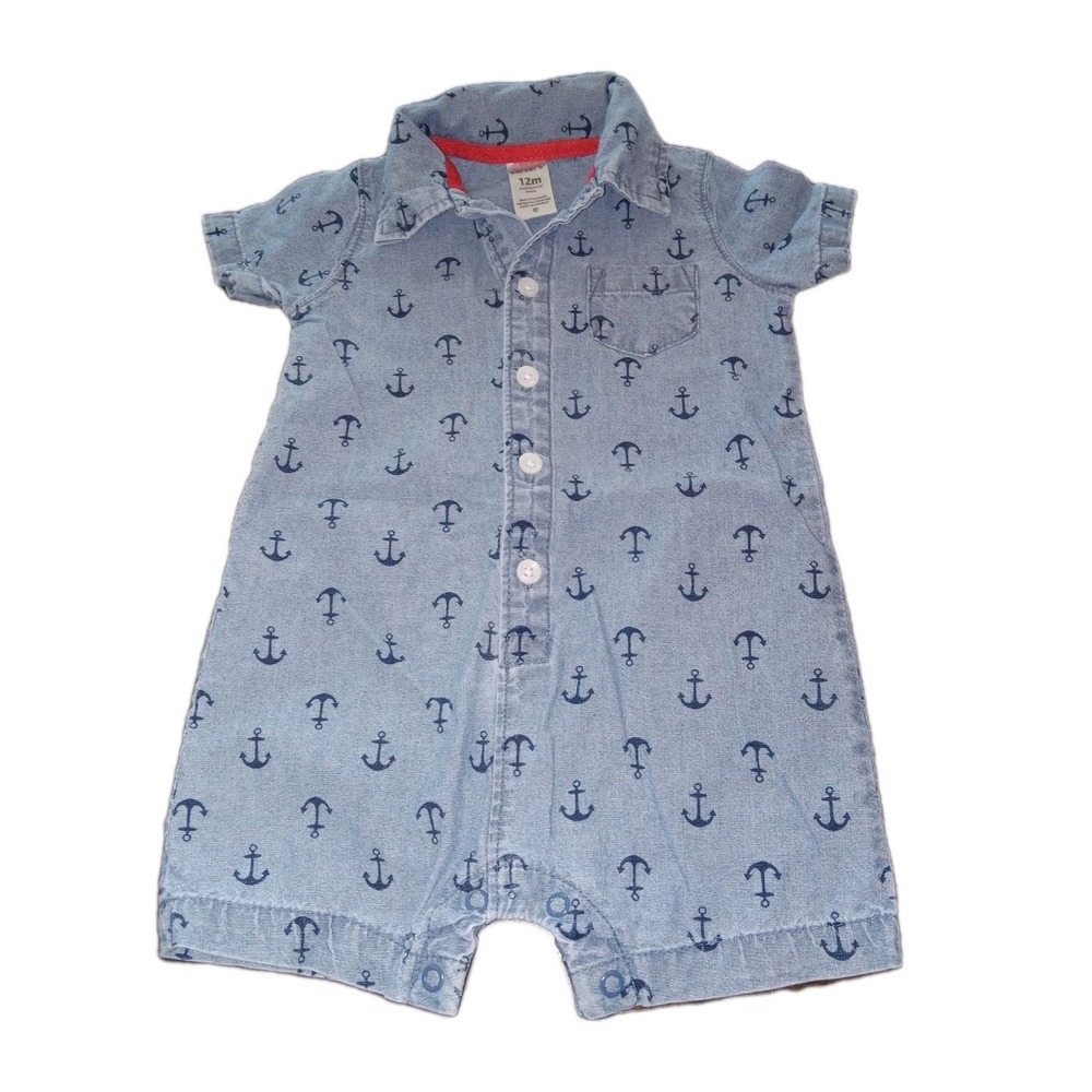 Carter's Baby Boy's Blue Denim Anchor Design Cotton Collared Romper Size 12m